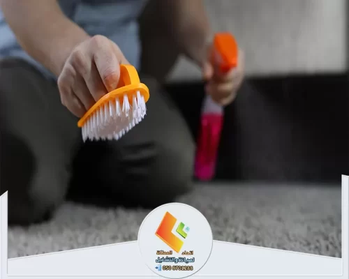 معالجة بقع السجاد بفرشاة ورذاذ تنظيف مناسب قبل الغسيل للحصول على نتيجة أدق