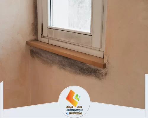 رطوبة وعفن داكن أسفل نافذة داخلية مع آثار واضحة لانتشار الرطوبة على الجدار المحيط.